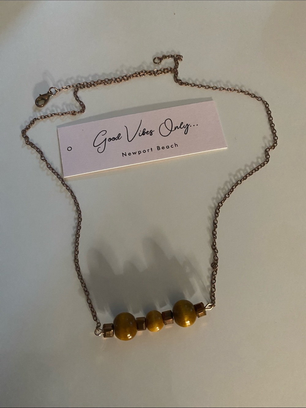 Good Vibes Only Gunmetal with Amber and Wood Beaded Necklace!